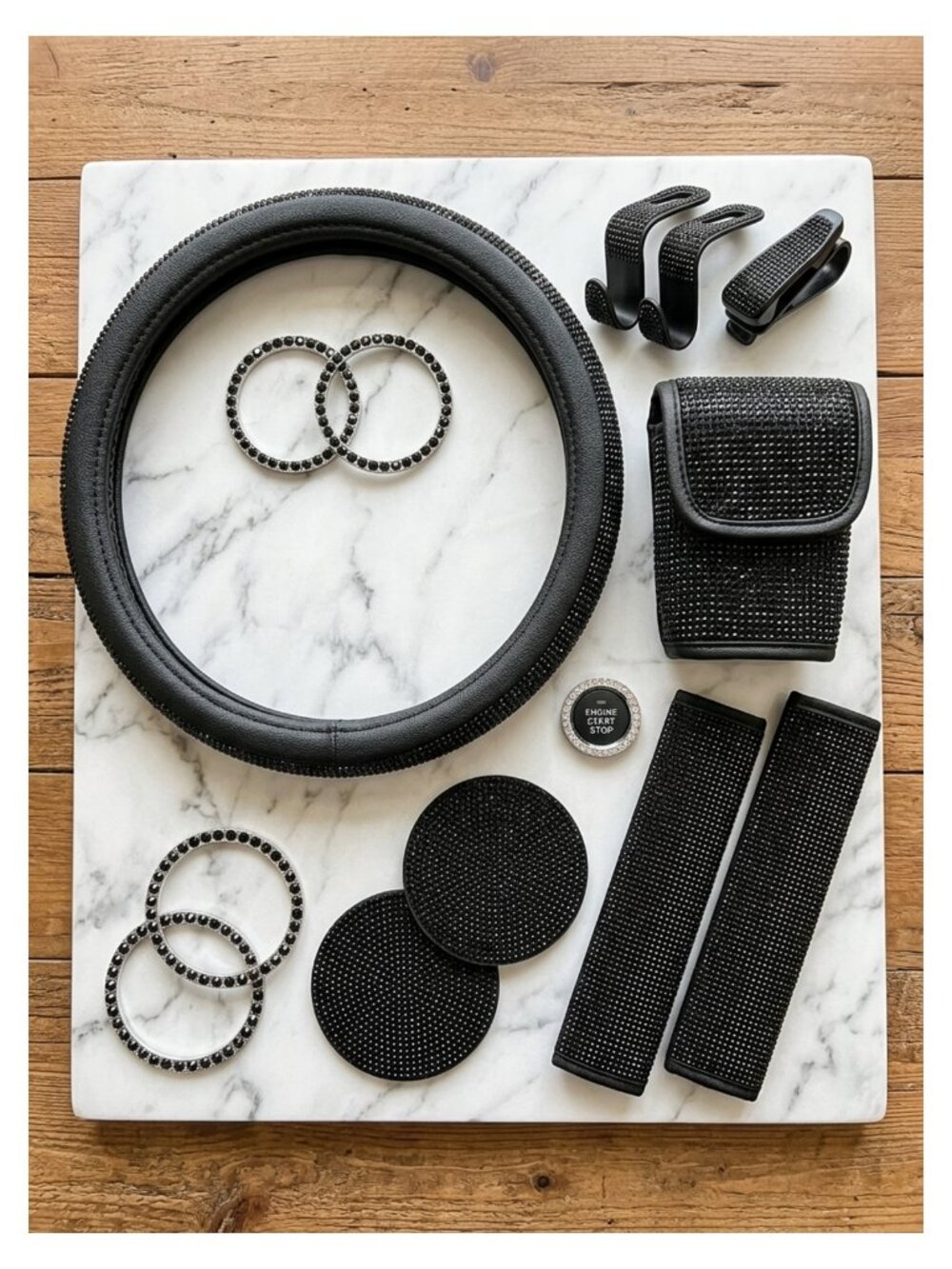 11 PC Bling Diamond Car Accessories Set Steering Wheel Cover & More